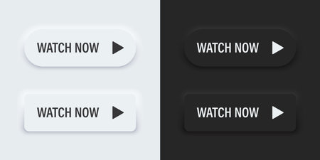 Watch now icon. A set of buttons with Watch Now symbols. 3d Neumorphism element design for apps, websites, and Interfaces. UI UX. Vector illustration.のイラスト素材