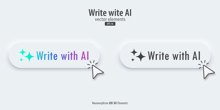 Write with AI button. White buttons with Write with AI text. 3D Neumorphism design style for Apps, Websites, Interfaces, and mobile app. Artificial intelligence technology. Vector illustration.のイラスト素材