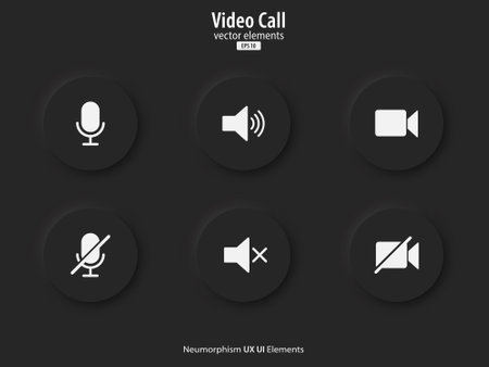 Video call icon. A set of black round buttons with a mic, volume and camera symbols. 3D icon in trendy neumorphic style for apps, websites, and interfaces. UI UX elements. Vector illustration.のイラスト素材