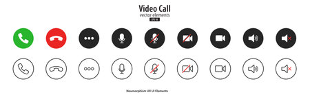 Set of Video call icons. Video chat conference symbols. Collection of video communication elements. Neumorphism style, UI UX design, Vector illustration.のイラスト素材