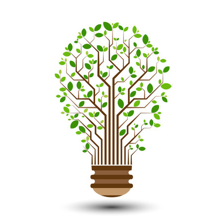 Save energy symbol. Bulb icon with green leaf. Light bulb with green leaf. Eco friendly, environmentally. Eco friendly concept. Flat icon. Vector and illustration.のイラスト素材