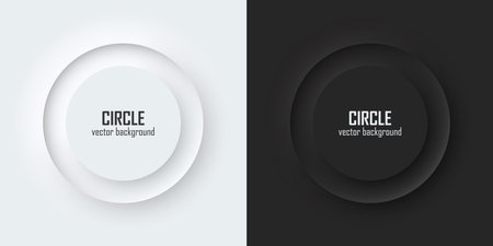 Set of realistic 3d circle. Circles frame on a white and black background in neumorphism style. Elements for design. Top view of podium. EPS10 vector.のイラスト素材