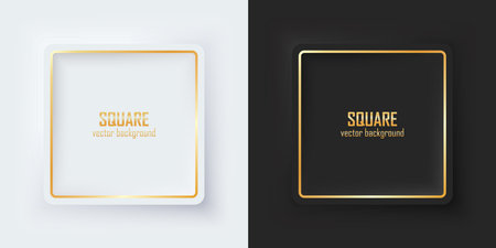 Set of realistic 3d squares. Gold illuminate neon lighting, Square frames on a white and black background in neumorphism style. Elements for design. Top view of the podium. EPS10 vector.のイラスト素材