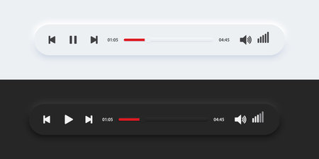 Media music player interface bar dark and day mode. Audio player bar for songs or podcast playlists. Neumorphism style, UI UX design for app and web, Vector illustration.のイラスト素材