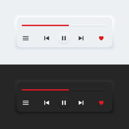 Media music player interface bar dark and day mode. Audio player bar for songs or podcast playlists. Neumorphism style, UI UX design for app and web, Vector illustration.のイラスト素材