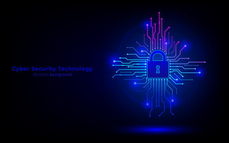 Padlock on circuit board. Secure system and network protection technology concept. Cyber security technology futuristic background. Vector illustration design for banner and template.のイラスト素材