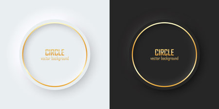 Set of realistic 3d circle. Gold illuminate neon lighting, Circles frames on a white and black background in neumorphism style. Elements for design. Top view of podium. EPS10 vector.のイラスト素材