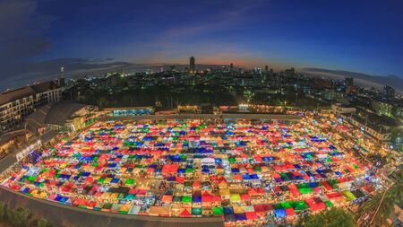 Colorful night market bird eye view  of Talad Rod Fai night market, Bangkok, Thailand.のeditorial素材