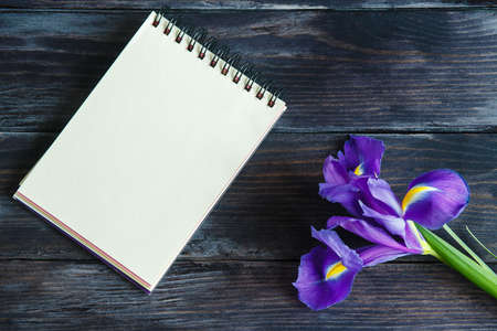 purple irises on a wooden background with a notebook for messageの写真素材