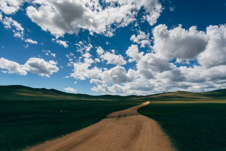 A sandy road through a green fieldの写真素材
