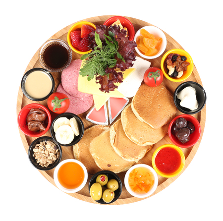 turkish breakfast with pancakeの写真素材