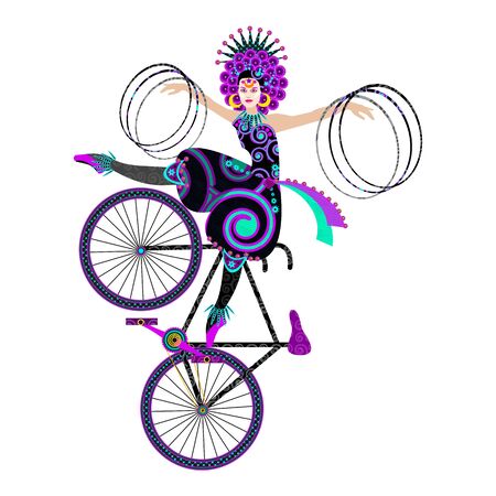trick with hula hoops by circus girl on an artistic bicycle.の写真素材