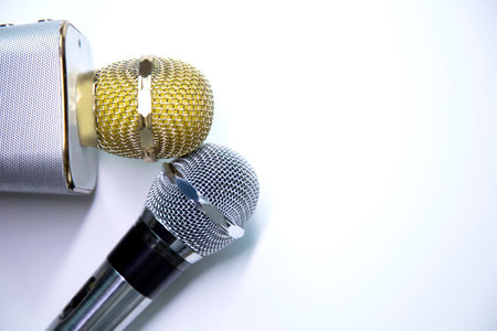 Vintage microphone on white background with copy space. music concept.の写真素材