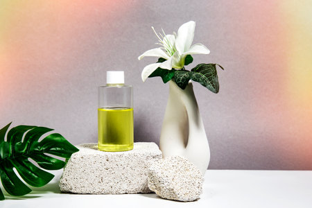 Spa and wellness setting with white lily flower in a vaseの写真素材