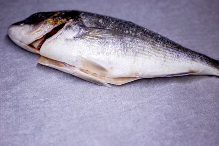 Raw dorado fish on a gray background. Seafood.