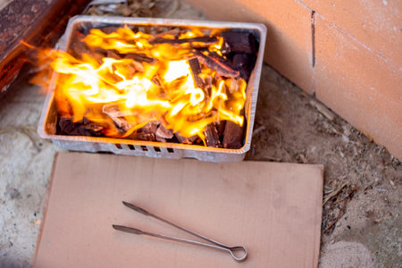 Burning firewood in the fireplace with tongs on the backgroundの写真素材