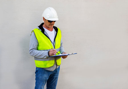 Portrait of a male engineer writing on clipboard at the construction siteの写真素材