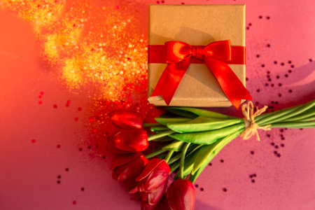 Gift box with red ribbon and bouquet of tulips on pink background