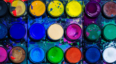 Colorful watercolor paints on a black background, top view.