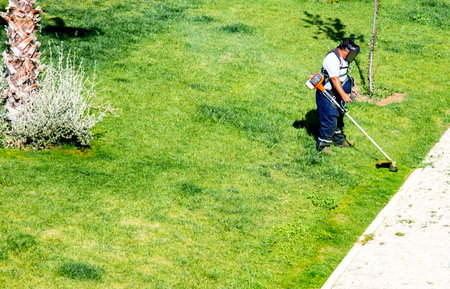 Gardener mowing the lawn in the garden. gardening Cutting the lawn with cordless grass trimmer,...