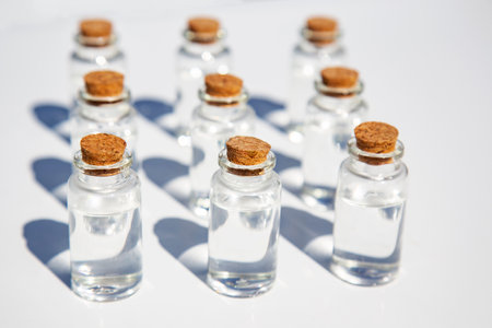 Small glass bottles with cork pattern on a white background, medicine care beauty farmacy conceptの写真素材