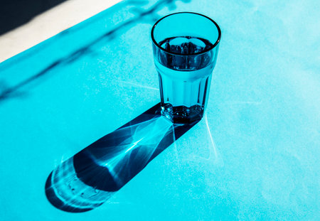 blue glass with water and shadow, isoladet on a blue background top viewの写真素材