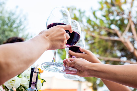 Close-up hands of people clinking glasses with red wine at outdoor party. Bottom viewの写真素材