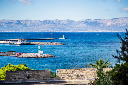 View of the island of Cheshme port in Turkey. Landscape of beautiful Aegean sea in sunny weather