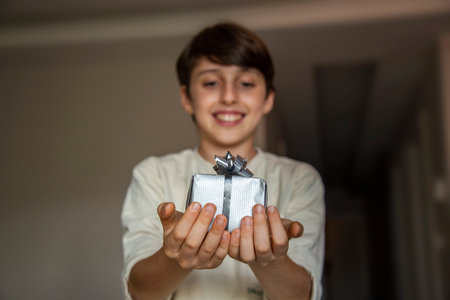 Portrait of a smiling boy holding a small silver gift box in his handsの写真素材