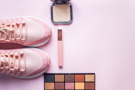 Flat lay composition with cosmetics and makeup products on pink background. Colorful blender makeup sponges blending puff set and round shaped mirrorの写真素材