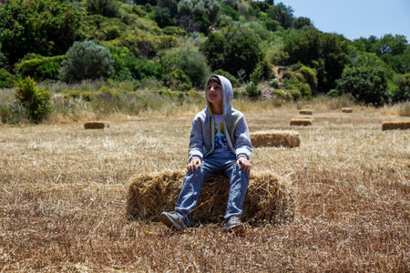 Cute boy in hoodie sitting on a haystack in a field on a sunny day