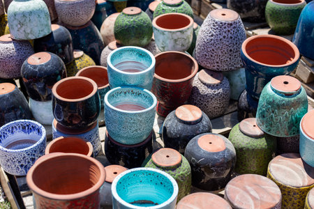 Colorful ceramic flower pottery for sale at local market, Turkeyの写真素材