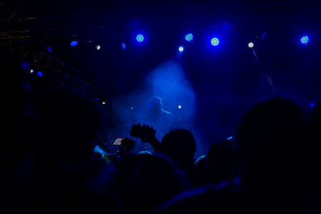 silhouette of a crowd at a live concert, music festivalの写真素材