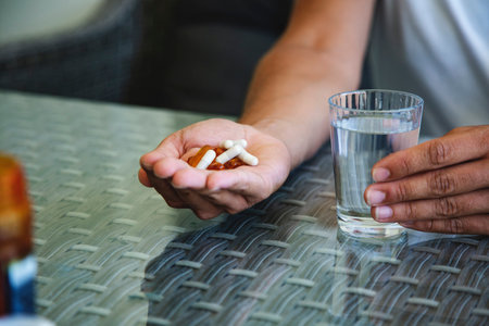 Close-up of man taking pills and glass of water on tableの写真素材