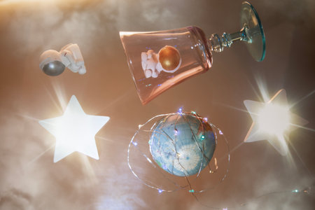still life surreal floating wine glasses with astronauts in cosmic sceneの写真素材