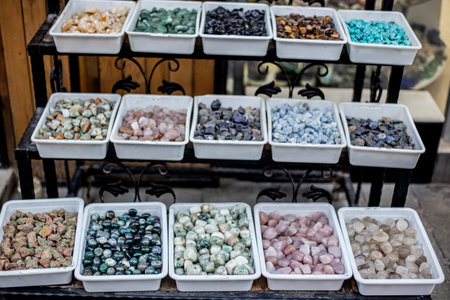 Colorful gemstones display stones for sale on a street market in Turkeyの写真素材