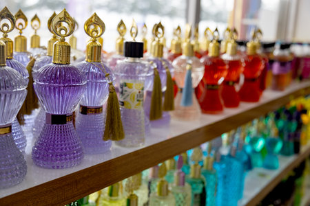 oriental style colorful perfume bottles on display shelf