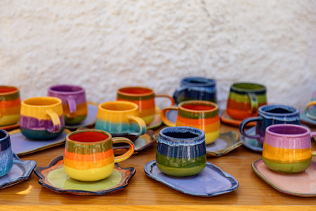 Colorful ceramic cups on the counter of a coffee shop in Tunisia