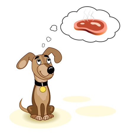 Hungry dog is dreaming of a tasty steak. illustrationのイラスト素材
