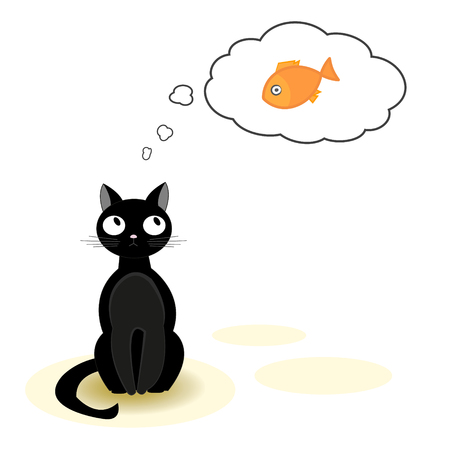 Black hungry cat dreams of a tasty fish. illustrationのイラスト素材