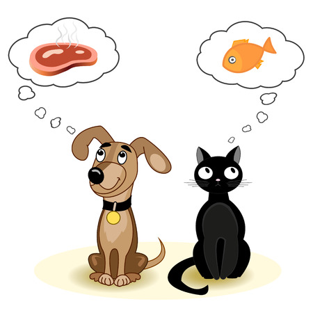 Hungry cat and dog dreaming of a different food. illustrationのイラスト素材