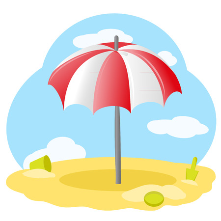 Striped beach umbrella on the sand on a summer day. illustrationのイラスト素材