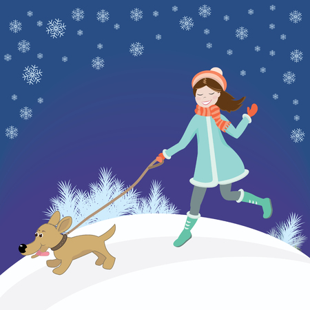 Sweet girl in coat and hat on snowy track runs with dog on leash. In winter background with snowflakes. Vector illustrationのイラスト素材