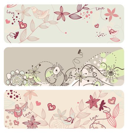 cute floral banners with funny birdsのイラスト素材
