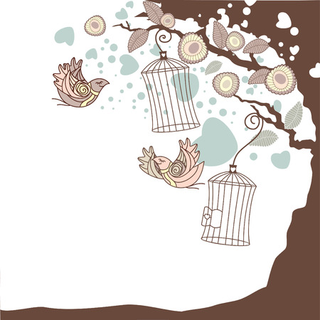 floral summer composition with flying birdsのイラスト素材