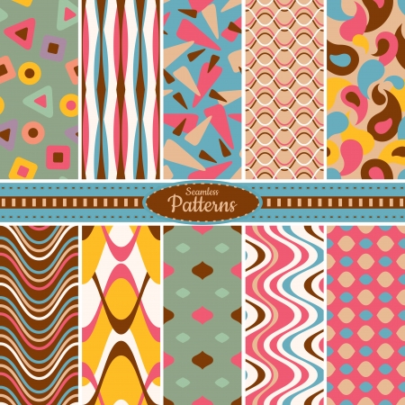 Collection of 10 geometric colorful seamless pattern background. Great for web page backgrounds, wallpapers, interiors, home decor, apparel, etc. Vector file includes pattern swatch for each pattern.のイラスト素材