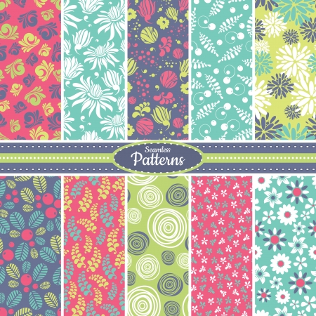 Collection of 10 floral colorful seamless pattern background. Great for web page backgrounds, wallpapers, interiors, home decor, apparel, etc. Vector file includes pattern swatch for each pattern.のイラスト素材