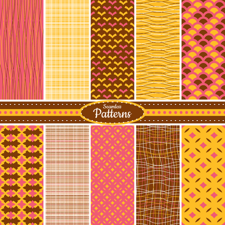 Collection of 10 geometric colorful seamless pattern background. Great for web page backgrounds, wallpapers, interiors, home decor, apparel, etc. Vector file includes pattern swatch for each pattern.のイラスト素材