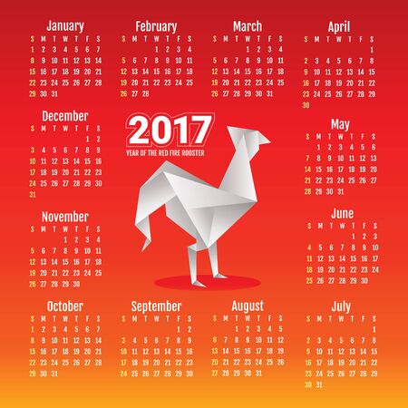 2017 year calendar with Chinese symbol of the year - rooster, vector illustrationのイラスト素材