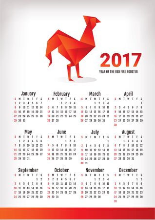 2017 year calendar with rooster, vector illustrationのイラスト素材